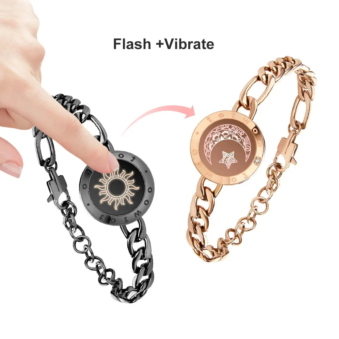 Totwoo Long Distance Touch Light Up&Vibrate Bracelets for Couples, Long Distance Relationship Gifts Smart Sun&Moon Love Bracelet